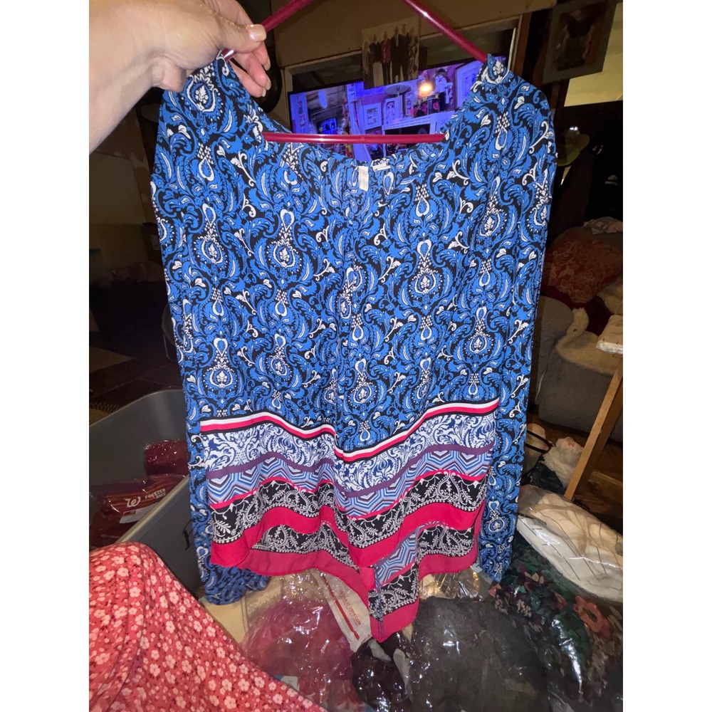 Cato Blue Paisley Damask Border Print Long Sleeve Blouse Plus Size 26/28W Boho